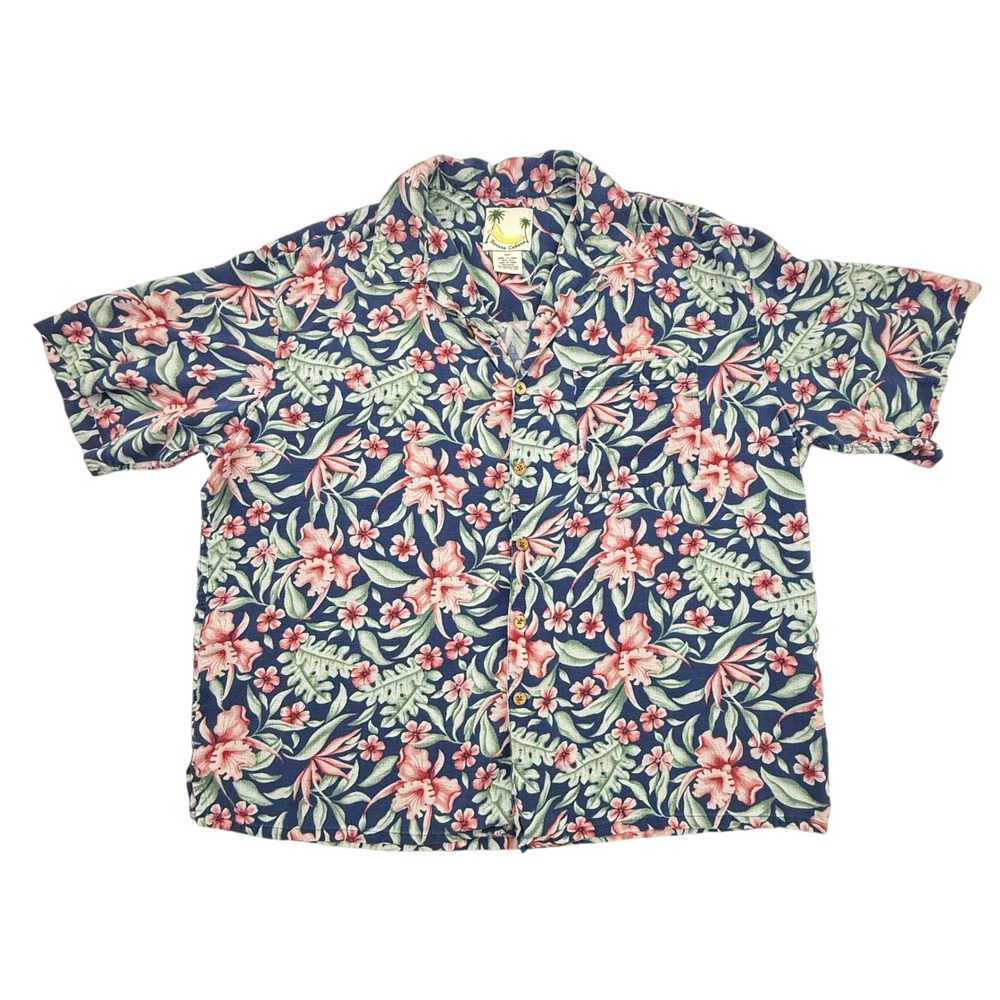 Banana Cabana Button Up Mens XXL Blue Floral‎ Silk Hawaiian Short Sleeve Pocket